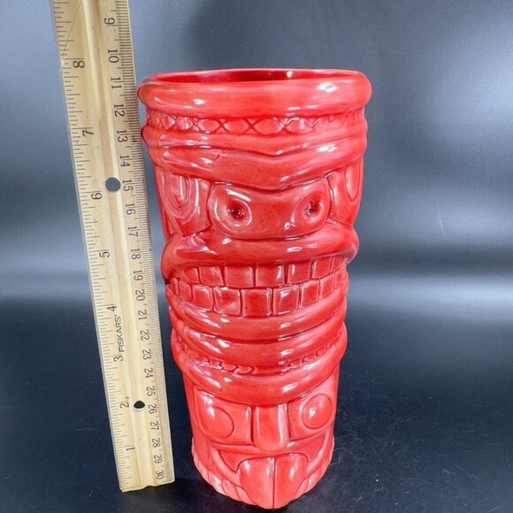 Large Ceramic Tiki God Vase Vessel Drinking Cup Red Glazed Porcelain Decor Vtg - Picture 5 of 15